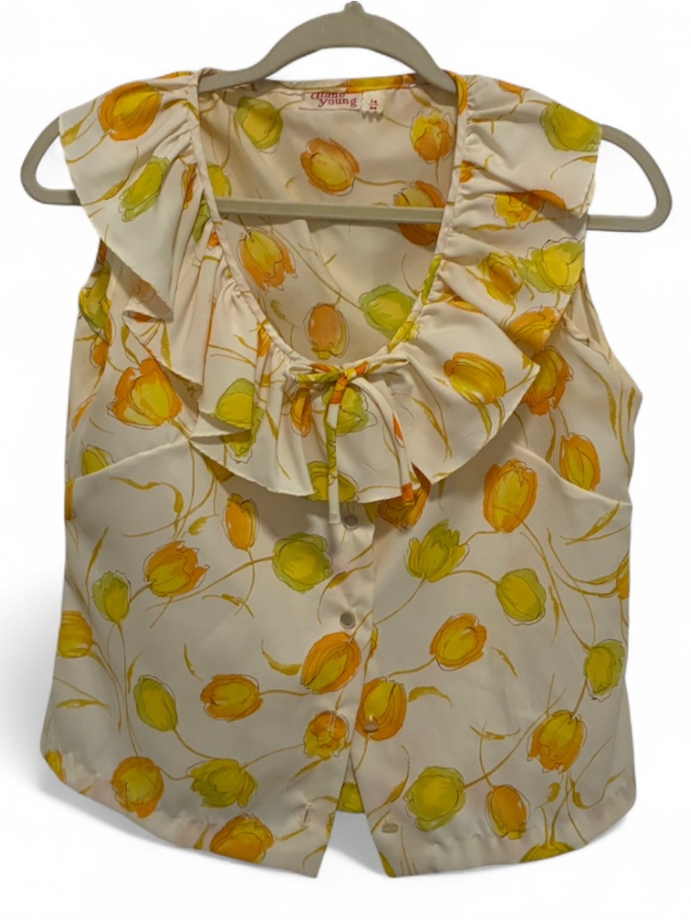 Vintage Yellow Tulip Floral Ruffle Button Tank Top
